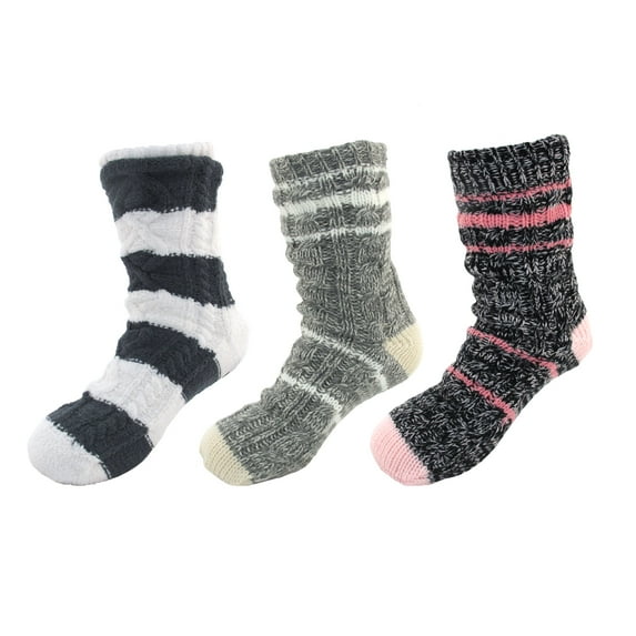 Extra Thick Soft Warm Cozy Fuzzy Thermal Cabin Fleece-lined Knitted Non-skid Crew Socks, Assortment A - 3 Pairs