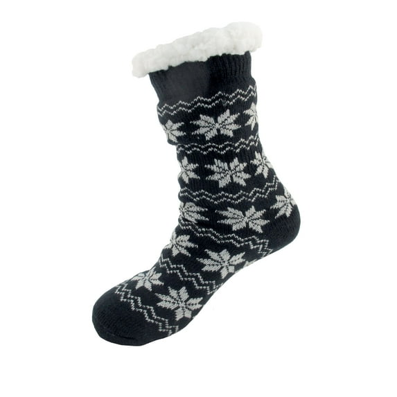 Extra Thick Soft Warm Cozy Fuzzy Thermal Cabin Fleece-lined Knitted Non-skid Crew Socks, Color 06 Black White Snowflake