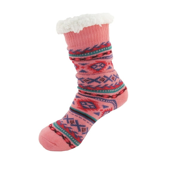 Extra Thick Soft Warm Cozy Fuzzy Thermal Cabin Fleece-lined Knitted Non-skid Crew Socks, Color 08 Pink Red Design
