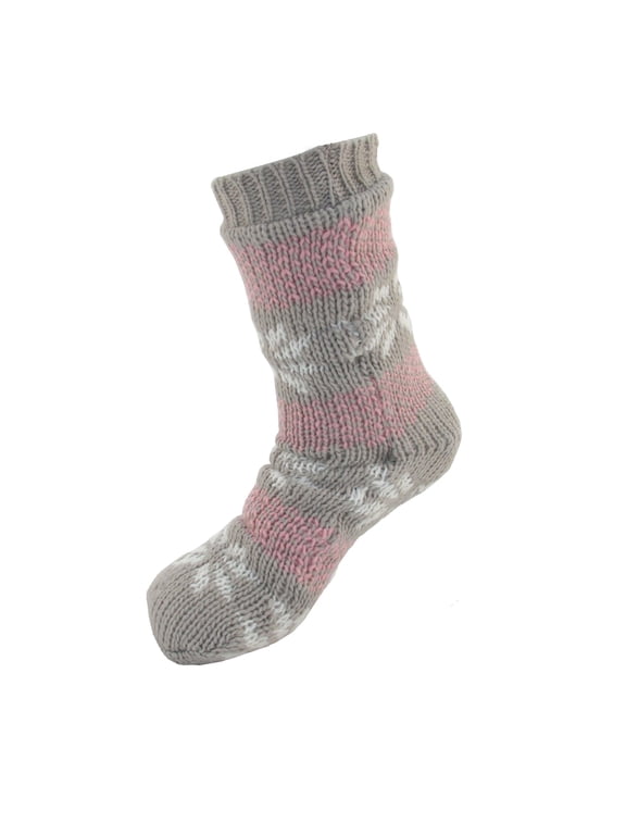 Extra Thick Soft Warm Cozy Fuzzy Thermal Cabin Fleece-lined Knitted Non-skid Crew Socks, Color 10 Brown Pink Snowflake