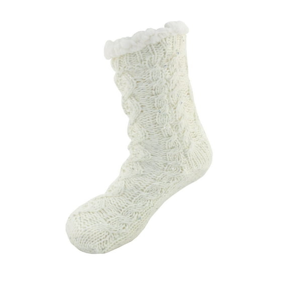 Extra Thick Soft Warm Cozy Fuzzy Thermal Cabin Fleece-lined Knitted Non-skid Crew Socks, Color 12 White Sparkles
