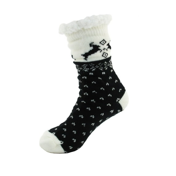 Extra Thick Soft Warm Cozy Fuzzy Thermal Cabin Fleece-lined Knitted Non-skid Crew Socks, Color 17 White Black Reindeer