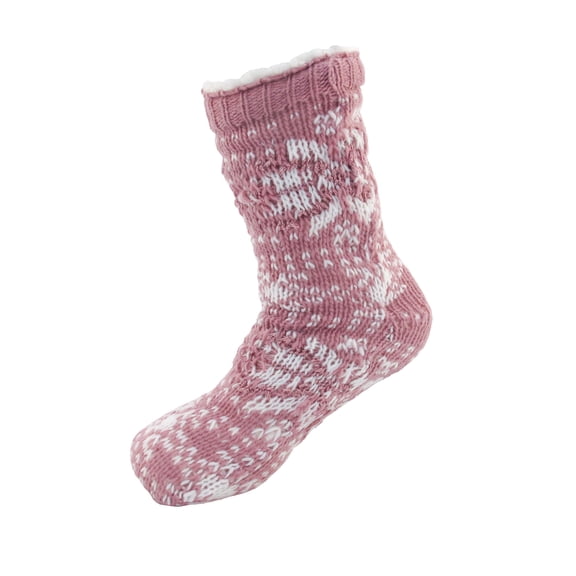 Extra Thick Soft Warm Cozy Fuzzy Thermal Cabin Fleece-lined Knitted Non-skid Crew Socks, Color 20 Pink White Big Snowflake