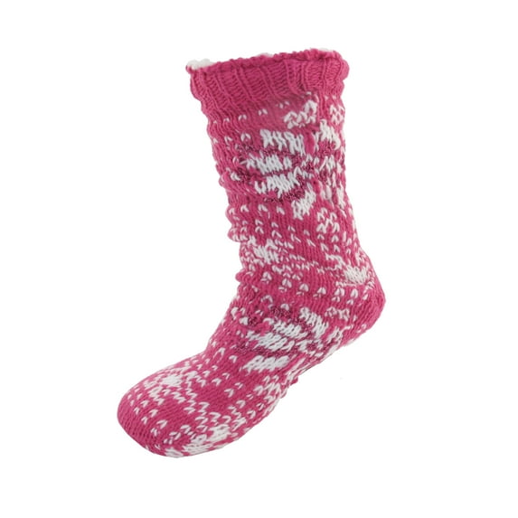Extra Thick Soft Warm Cozy Fuzzy Thermal Cabin Fleece-lined Knitted Non-skid Crew Socks, Color 21 Fuchsia White Big Snowflake
