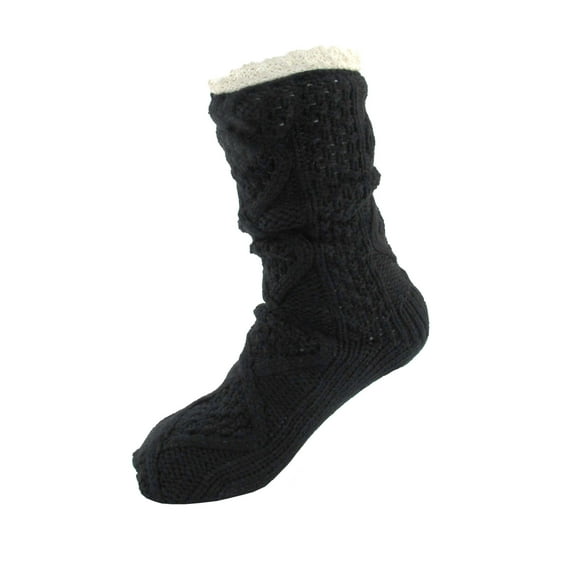 Extra Thick Soft Warm Cozy Fuzzy Thermal Cabin Fleece-lined Knitted Non-skid Crew Socks, Color 23 Ribbed Black