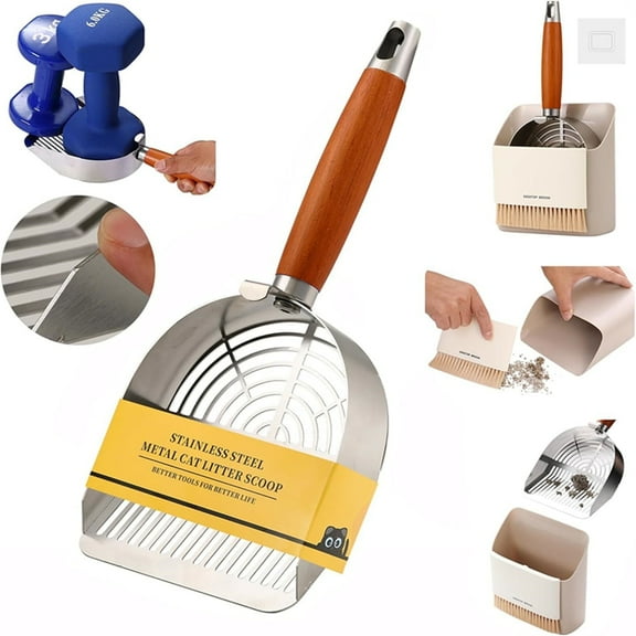 Extra-Thick Stainless Steel Cat Litter Scoop - Heavy Duty Metal Poop Scooper for Multi-Cat Households (Scoop+Holder)