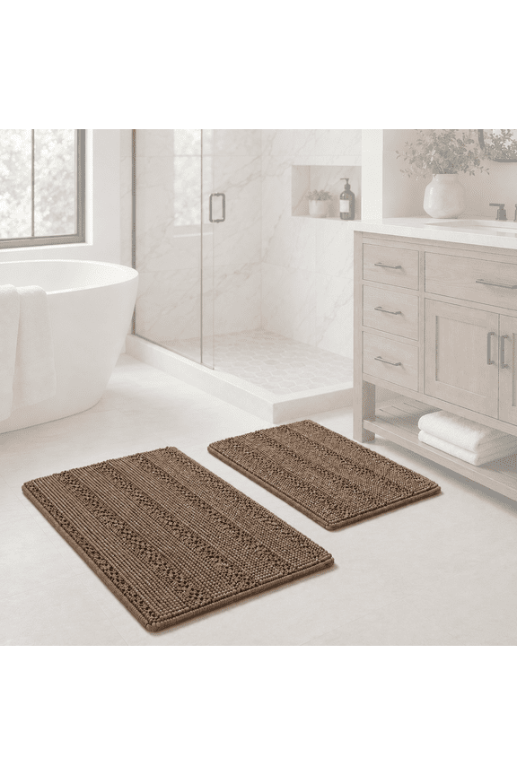 Chenille Shaggy Bath Rug Set,  20" x 32" Plus 17" x 24", Machine Washable (2 Count),Taupe