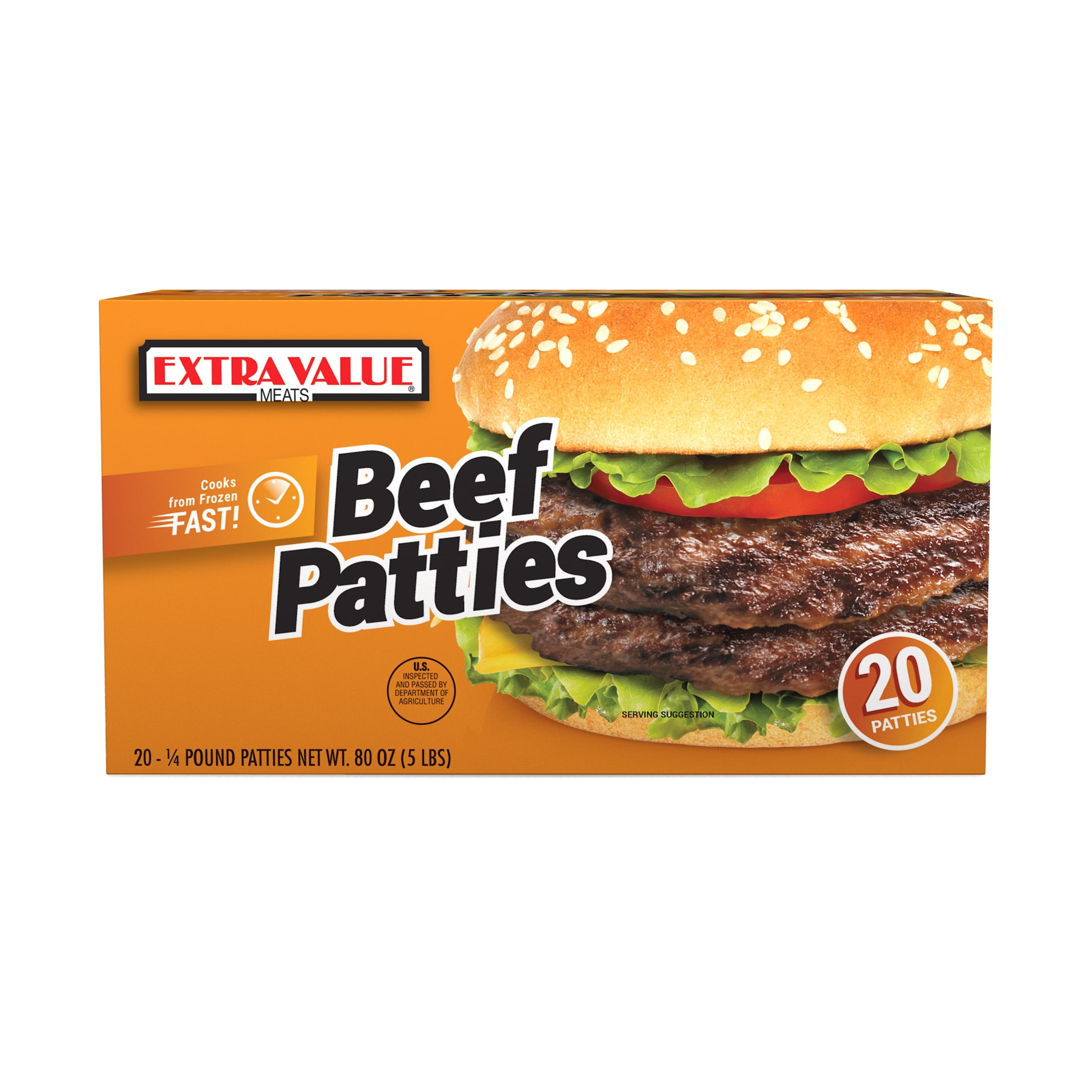 Extra Value Quarter Pound Beef Patties, 20 Count, 4oz Patties, 5lb, Dairy-Free, (Frozen)