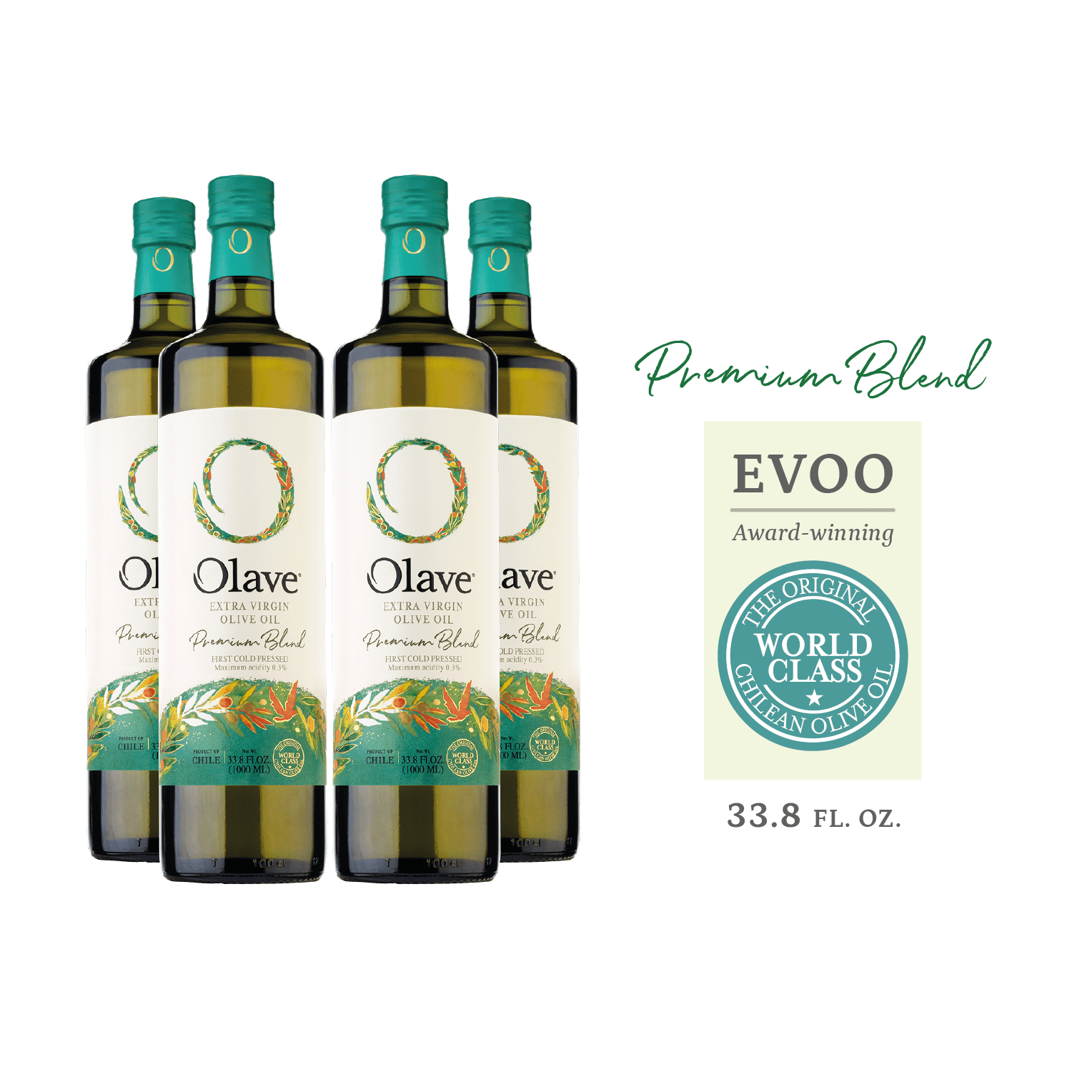 Extra Virgin Chilean Olive Oil by Olave |Premium Blend - First Cold Press, 33.8 Fl Oz (1000 Ml) - 4 pack