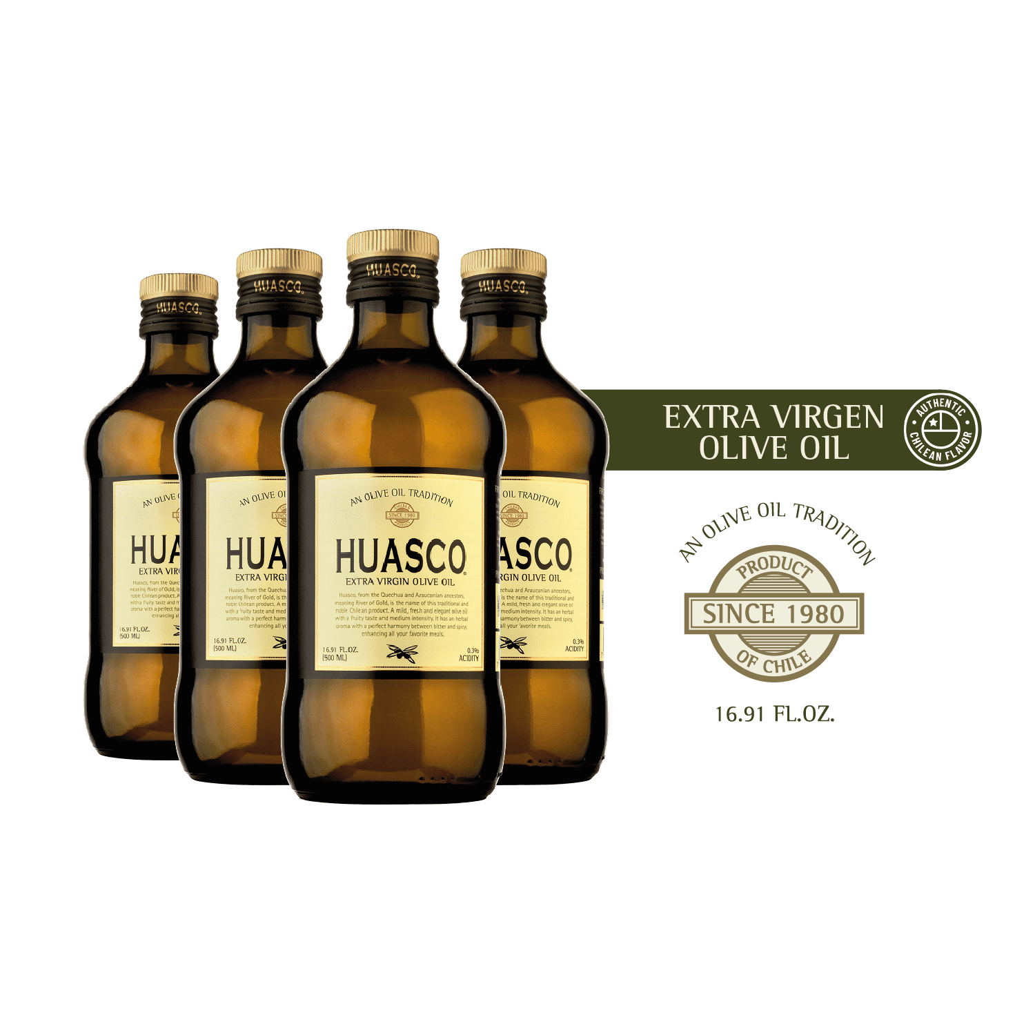 HUASCO Extra Virgin Olive Oil, First Cold Press from Chile, 16.9 Fl Oz, 4 Pack