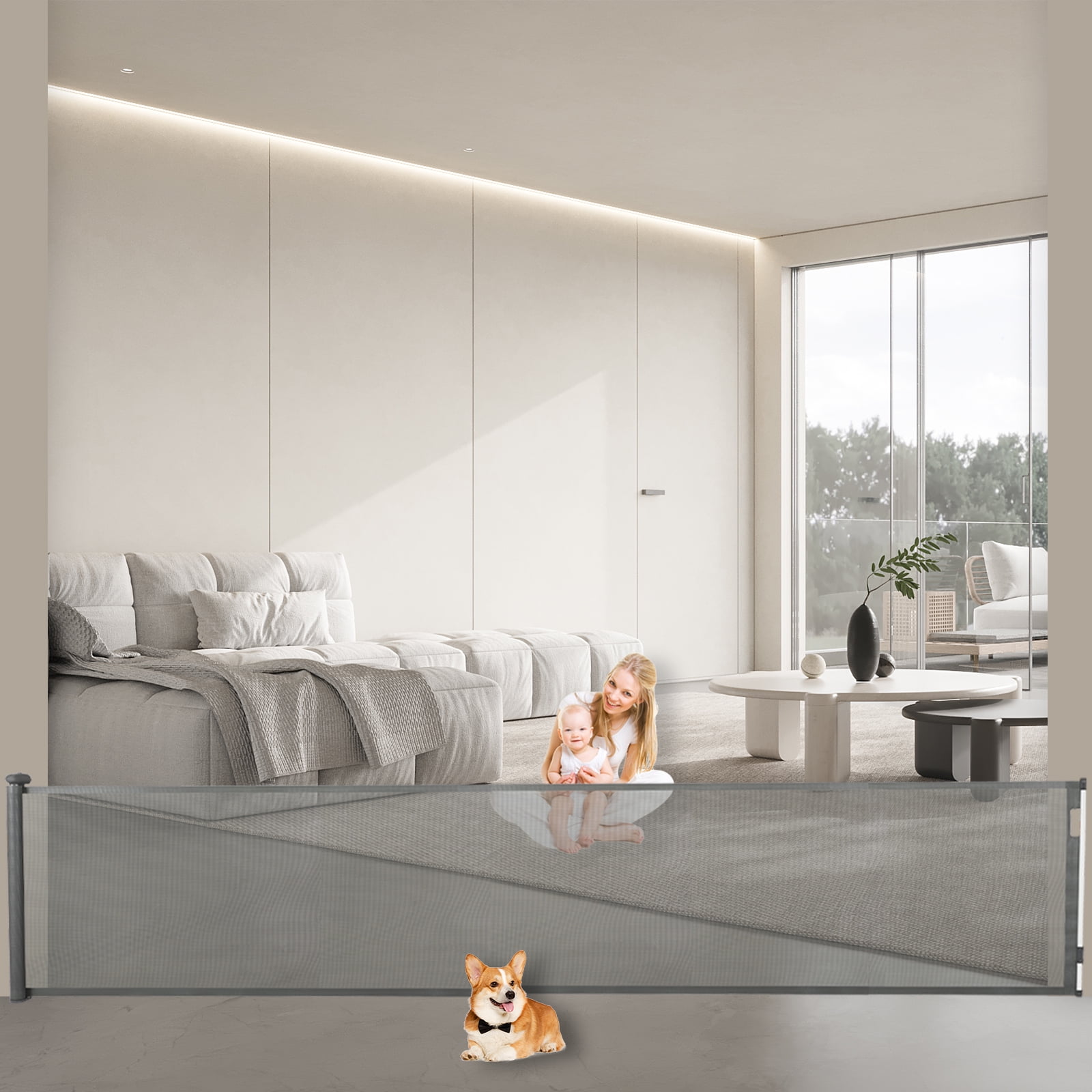 Extra Wide 118" Retractable Baby Gate, Mesh Barrier Door, Extended Pet