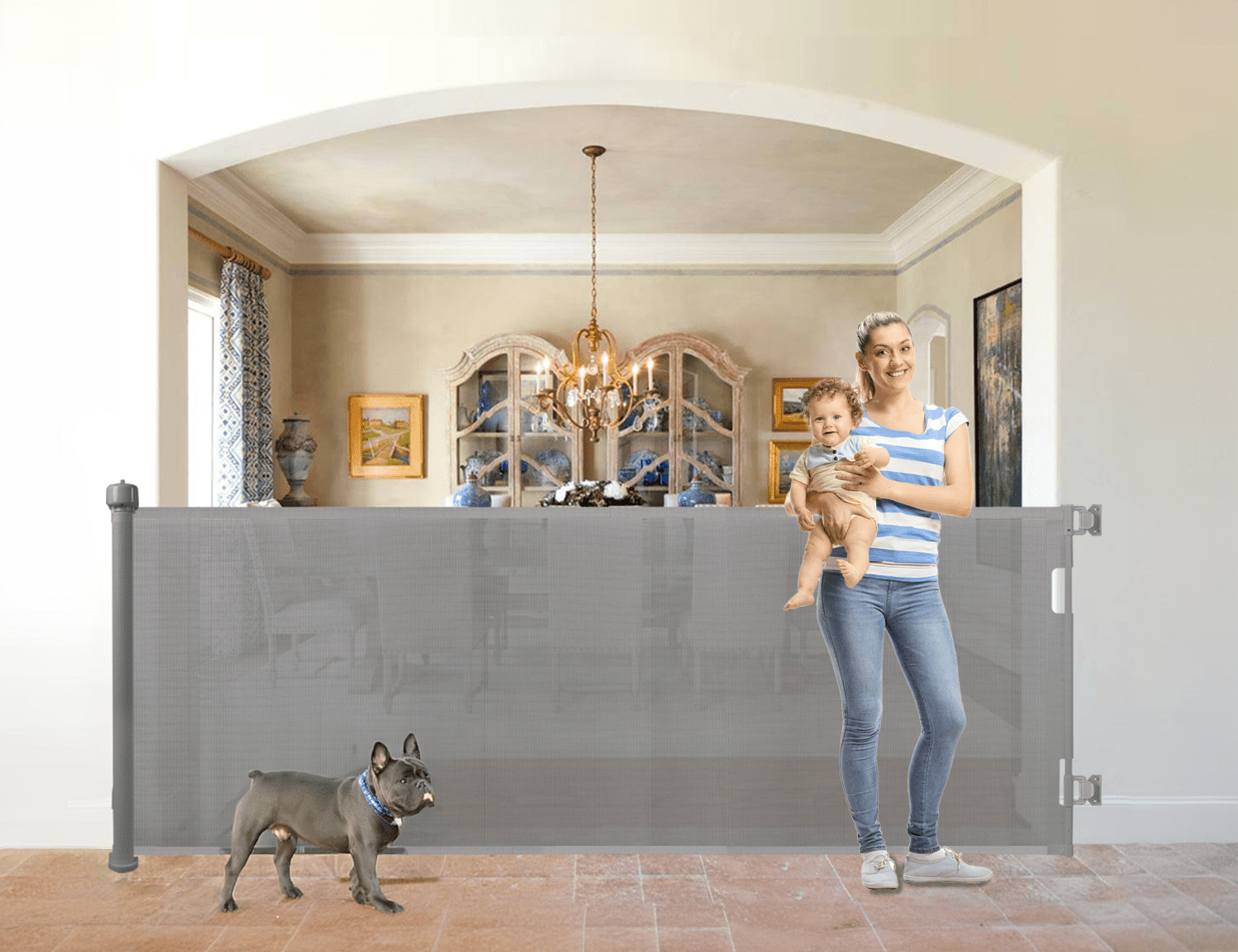 Extra Wide Gray Retractable Mesh Baby and Pet Safety Gate