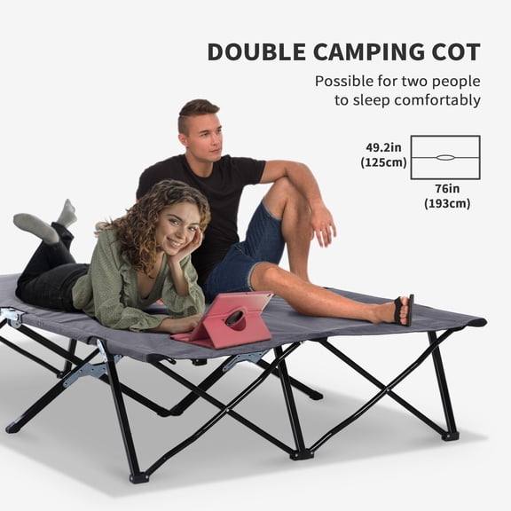 Extra Wide 2 Person Folding Camping Cot for Adults, Portable Outdoor Sleeping Cot with Carry Bag, Elevated Camping Bed for Beach Hiking, Grey Steel Frame