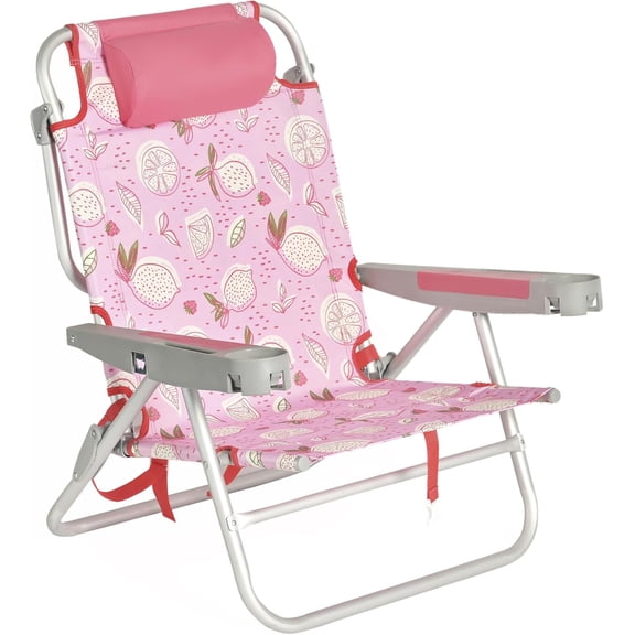 Extra Wide 28" Low Beach Chair 5 Position Lay Flat, XL Oversized Portable Folding Camping Chairs with Cup Holder for Outdoor/Trip, Lightweight Foldable Backpack Beach Chair for Adults