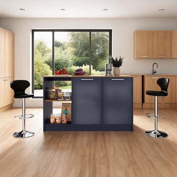 Extra-Wide 59-Inch Multicolor Kitchen Island with Double-Door Cabinet and Open Storage Shelves, Particle Board, Modern