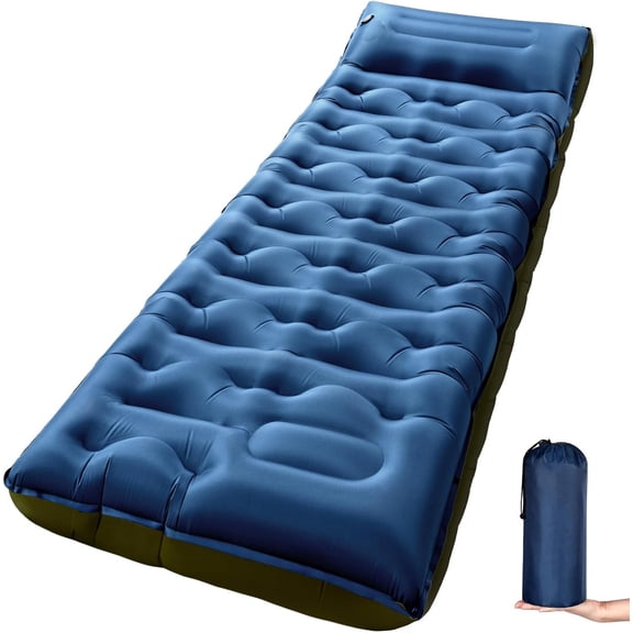 Extra Wide 6 Inch Thick Inflatable Sleeping Pad with Built-in Foot Pump and Pillow, Blue Twin Size