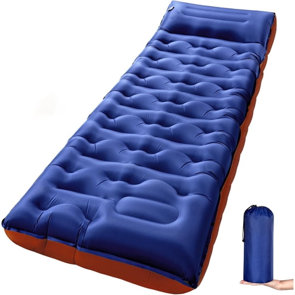 Extra Wide 6 Inch Thick Inflatable Sleeping Pad with Built-in Foot Pump and Pillow, Sky Blue Twin Size