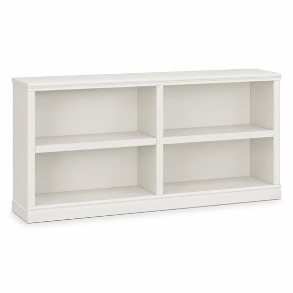 Extra Wide 64-Inch White Bookshelf, 2-Shelf 4-Cube Storage Organizer, Wooden Bookcase Unit for Bedroom, Home Office Display and Decoration