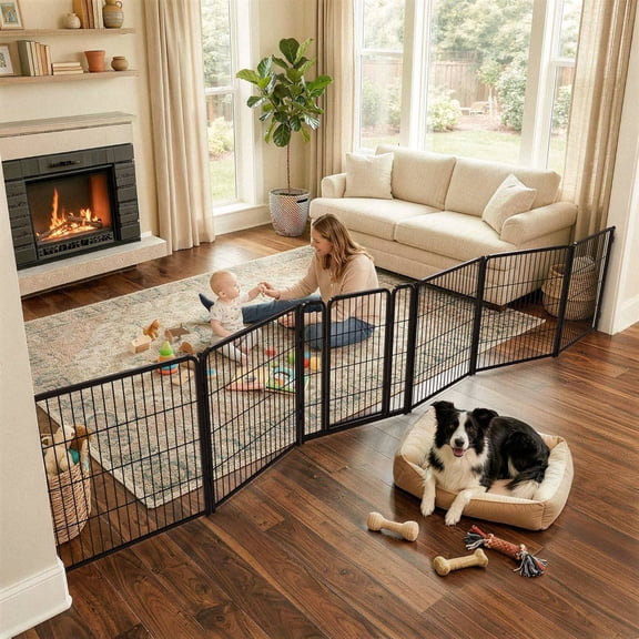 Extra Wide Adjustable Indoor Dog Gate, Up to 165-Inch Wide, 32-Inch Height, 6-Panel Metal Design, Black