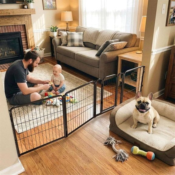 Extra Wide Adjustable Indoor Dog Gate, Up to 92-Inch Wide, 24-Inch High, 4-Panel Metal Pet Barrier, Black