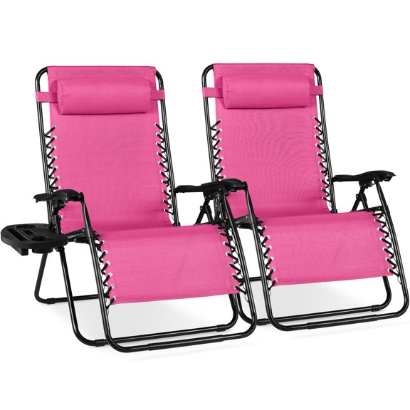Extra Wide Adjustable Steel Mesh Zero Gravity Lounge Chair Set with Pillows and Cup Holders Hot Pink