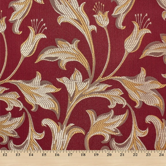 Extra Wide Bloom Upholstery Jacquard 100% Polyester 118" Fabric By The Yard - Burgundy / Gold
