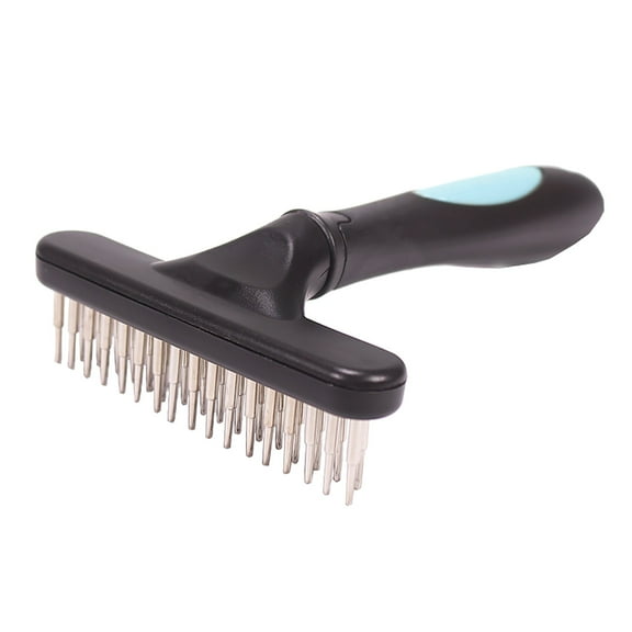 Extra Wide Blue Pet Grooming Brush - Dematting & Shedding Rake for Dogs & Cats - Double Long Teeth, Rounded Tips - Anti- Handle, Effective Undercoat Care