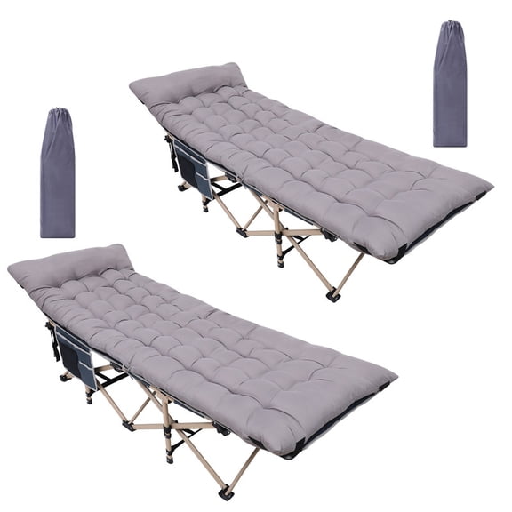 Extra-Wide Camping Cot with Mattress, Foldable Design, Pillow, Storage Pockets, Carry Bag, Heavy-Duty Support Up to 500 lbs (Gray 2-Pack)