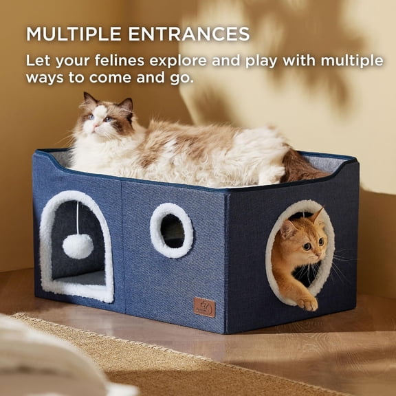 Extra Wide Cat House Bed with Fluffy Ball and Scratch Pad Blue 23.6 x 16.9 x 13 in Indoor Cat Cave Foldable Cube for Sleeping