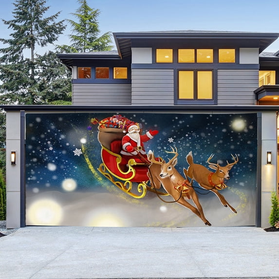Extra Wide Christmas Scene Garage Door Cover - Tapestry Background Cloth for Outdoor Holiday Party and Photo Display,G