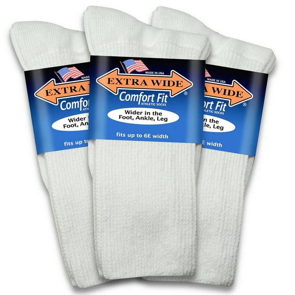 Extra Wide Comfort Fit Athletic Crew (Mid-Calf) White Socks (3 Pairs) for Men and Women, Made in USA.