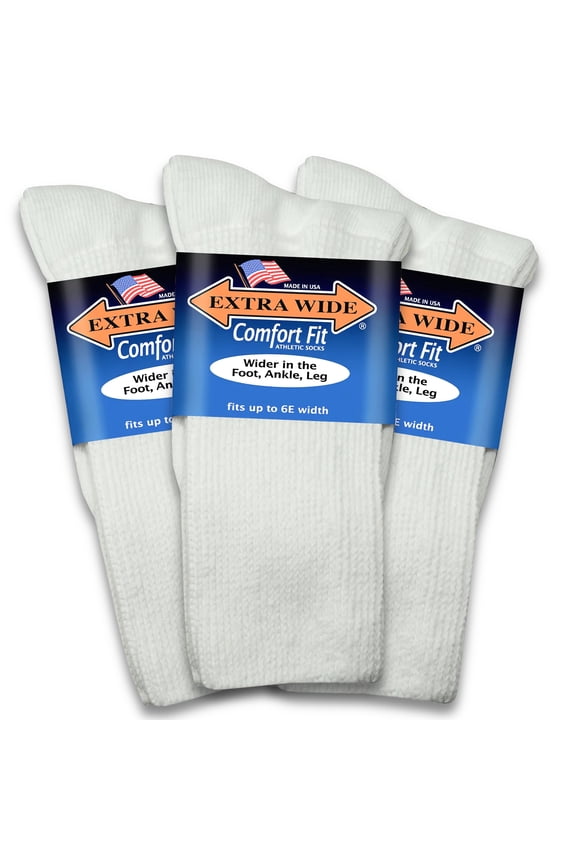 Comfort Fit Athletic Crew (Mid-Calf) White Socks (3 Pairs) for Men and Women, Made in USA.