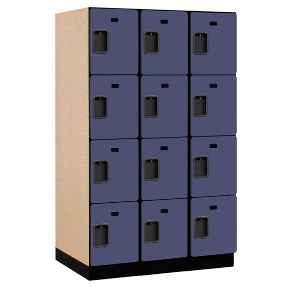 Extra Wide Designer Wood Locker - Four Tier - 3 Wide - 6 Feet High - 24 Inches Deep - Blue