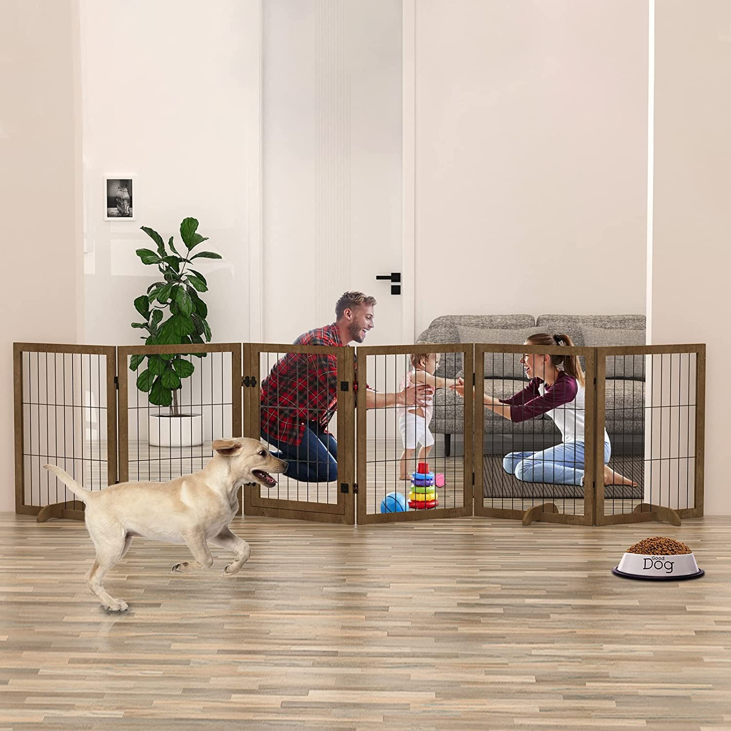 Extra Wide Dog Gate Pet Fence with Lockable Walk Through Door