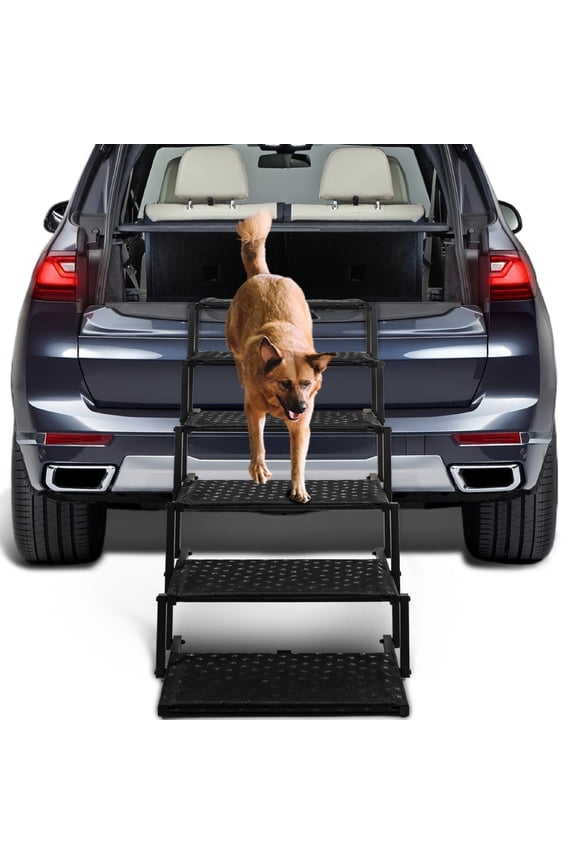 Extra Wide Dog Stairs for Car - Foldable Dog Ramps for Large Dogs with Non Slip Surface, Portable Dog Steps for Cars and SUV, Truck, Support Up to 250 Lbs, Black, 6 Steps