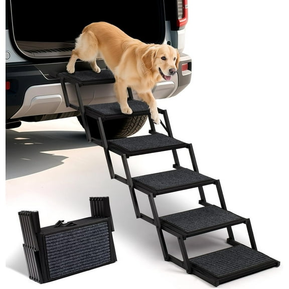 Extra Wide Dog Steps Foldable Pet Stairs for Large Dogs with Non-Slip Rug Surface for Car, Truck and SUV, Lightweight Dog Ramp Holds Up to 250 lbs