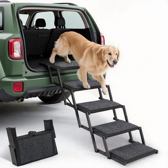 Extra Wide Dog Steps Foldable Pet Stairs for Large Dogs with Non-Slip Rug Surface for Car, Truck and SUV, Lightweight Dog Ramp Holds Up to 250 lbs