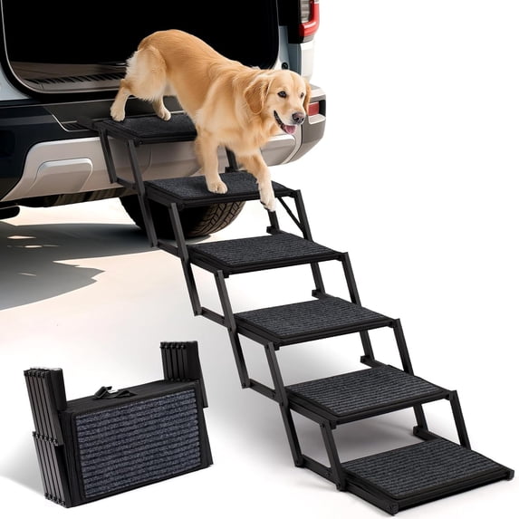 Extra Wide Dog Steps Foldable Pet Stairs for Large Dogs with Non-Slip Rug Surface for Car, Truck and SUV, Lightweight Dog Ramp Holds Up to 250 lbs