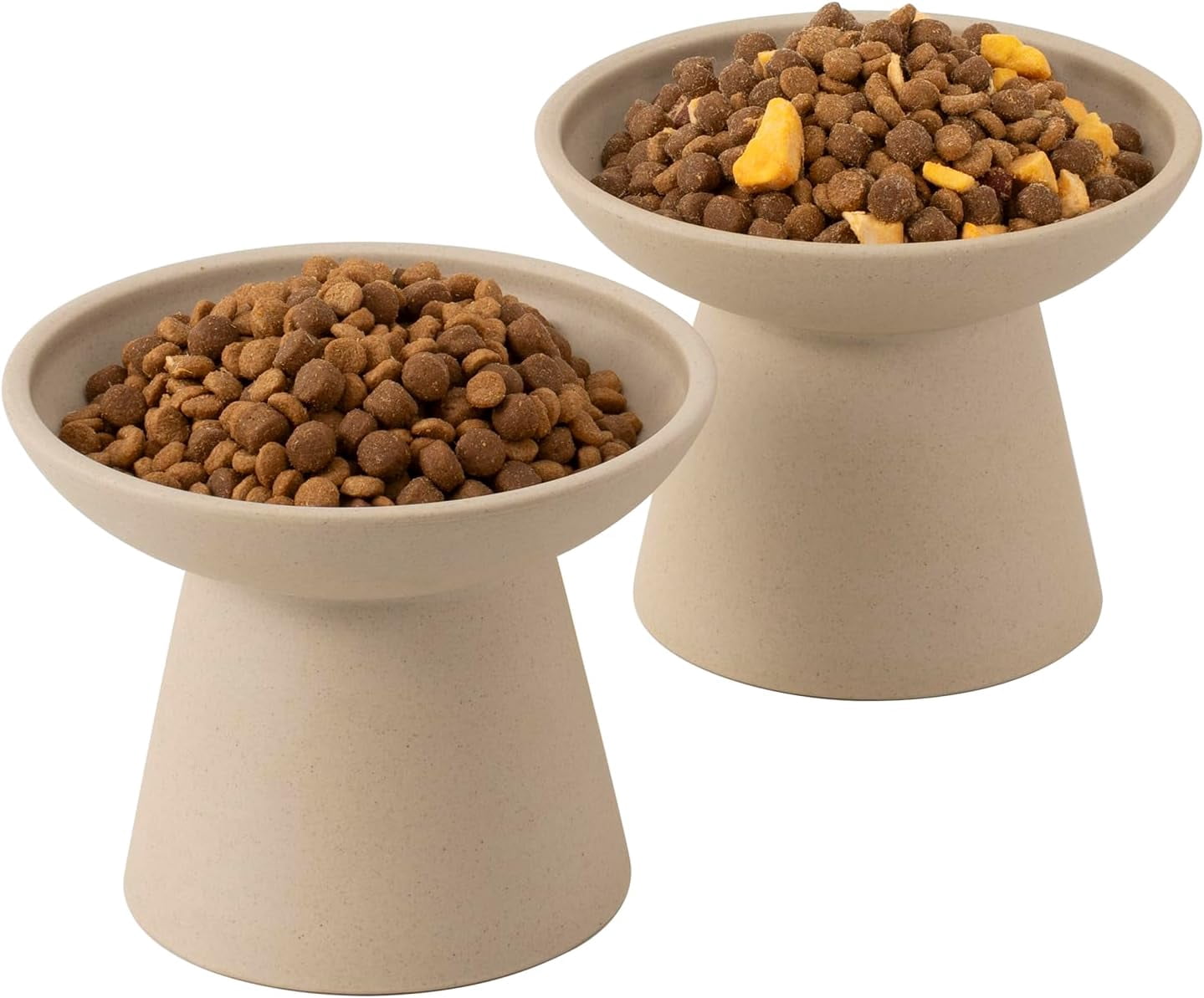 Extra Wide Elevated Ceramic Cat Bowl, 6.2" Shallow Dish for Whisker Fatigue Relief, 5" Height for Easy Feeding, Durable Raised Cat Food Bowls, Pack of 2, Pottery Clay (Not Glazed)