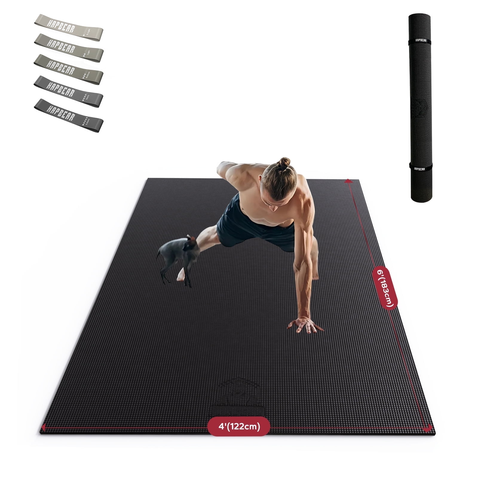 HAPBEAR エクササイズマット ブラック, 213x152x0.8cm Extra Wide Exercise Mat – 6'x4' to 9'x6' – Thick, Non-Slip Fitness