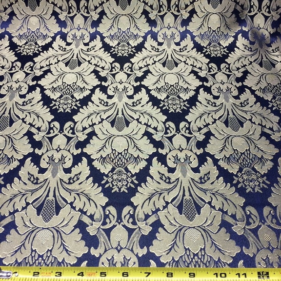 Extra Wide Floral Damask Upholstery Jacquard 100% Polyester 118" Fabric By The Yard - Navy Blue / Gold