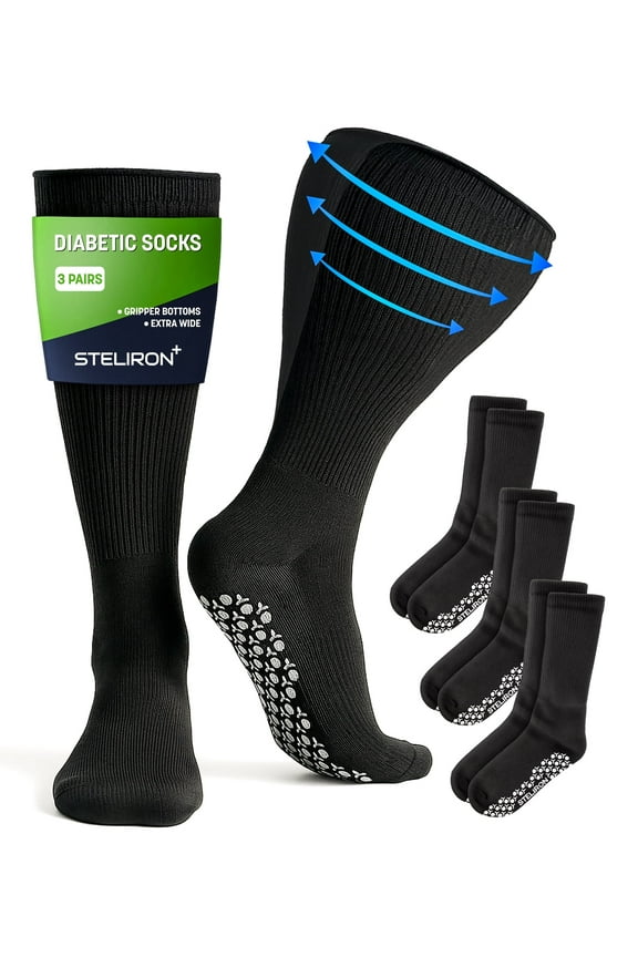 Extra Wide Grip Socks for Swollen Feet (3-Pairs) Non-Slip Diabetic, Cast, Bariatric, Hospital Socks for Men and Women (One Size Fits Most)