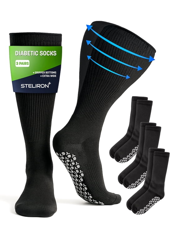 Extra Wide Grip Socks for Swollen Feet (3-Pairs) Non-Slip Diabetic, Cast, Bariatric, Hospital Socks for Men and Women (One Size Fits Most)