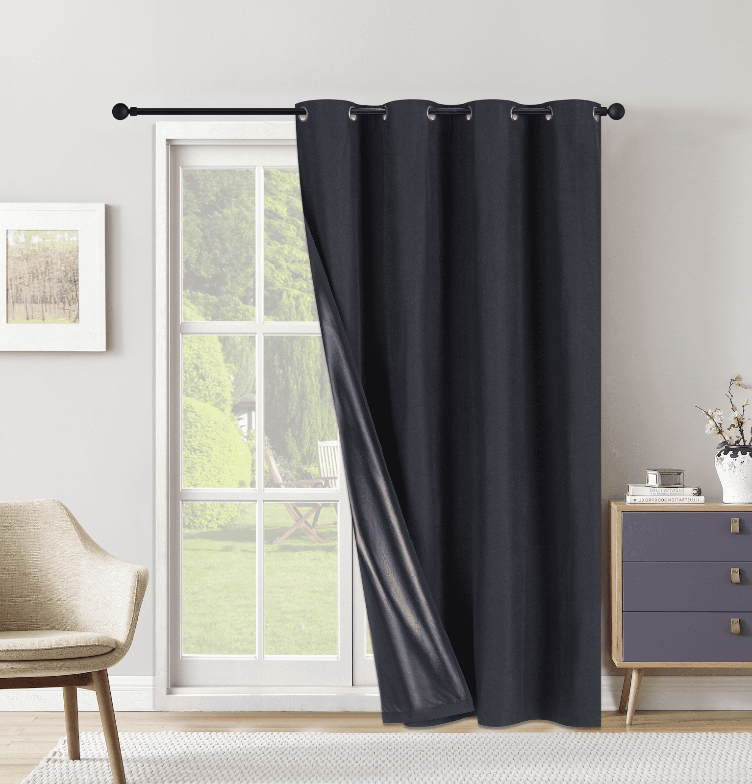 Extra Wide Grommet Blackout Curtain Panel with Black Backing & Grommets