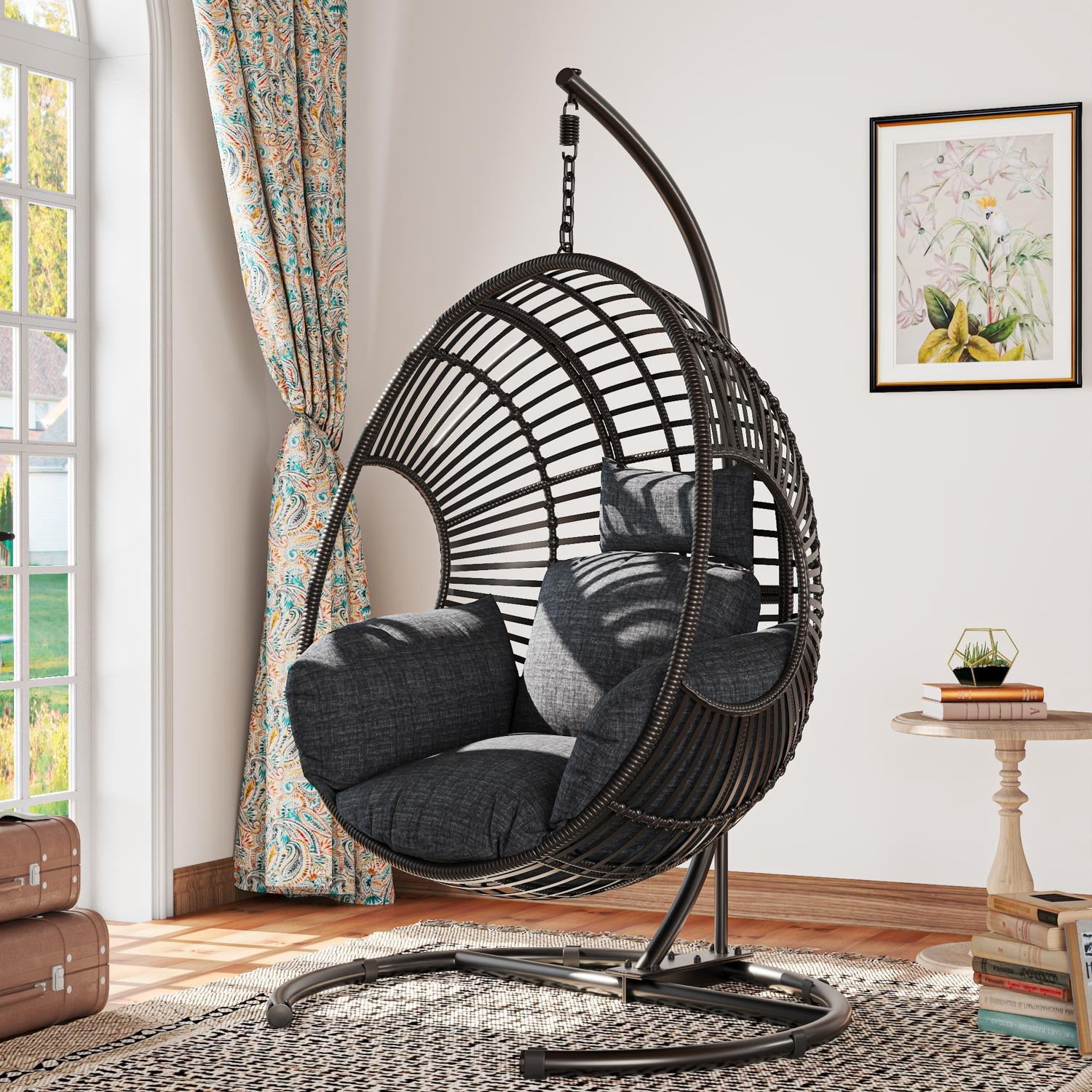 Extra Wide Hanging Egg Chair with U Base & Stand, 400 lb Capacity Patio Swing Chair with 8-Inch Thick Cushion, Weatherproof PE Rattan + Waterproof Cover for Garden, Black
