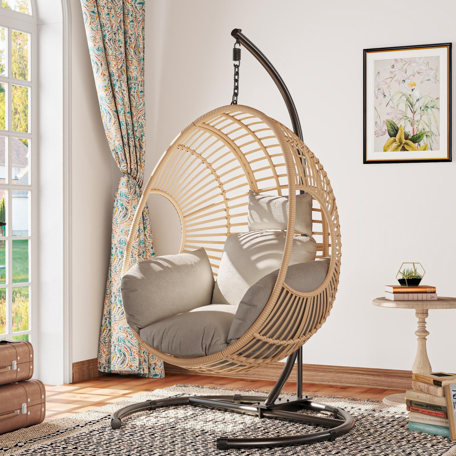 Extra Wide Hanging Egg Chair with U Base & Stand, 400 lb Capacity Patio Swing Chair with 8-Inch Thick Cushion, Weatherproof PE Rattan + Waterproof Cover for Garden, Natural
