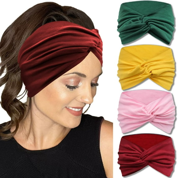 Extra Wide Headbands for Women Non-Slip, 7'' Large Twist Knotted Stretchy Wraps Head Bands Hair Accessories, 4 Pack, Bright Color