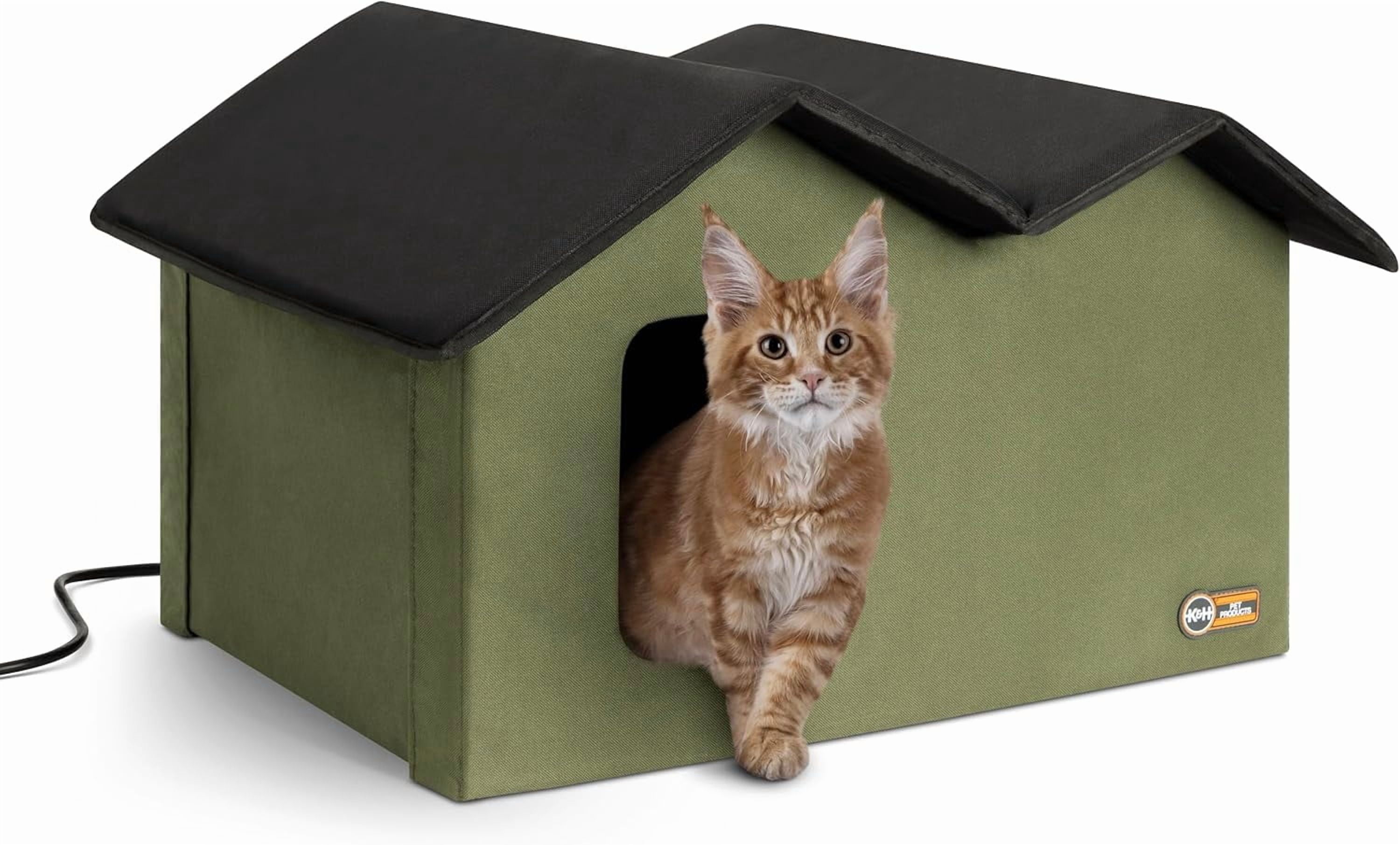 Extra-Wide Heated Cat House for Outside, Outdoor Cat House with 2 Safe Escape Doors, Weatherproof Insulated Stray & Feral Shelter with Waterproof Heated Bed, Safety Listed - Olive