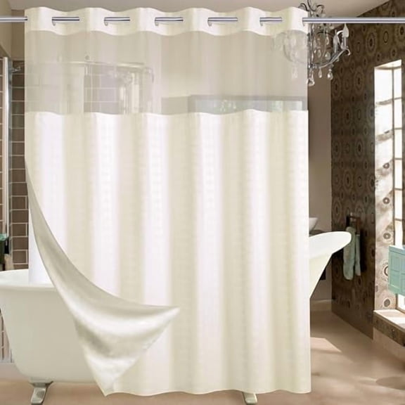 Extra Wide No Hook Shower Curtain with Snap in Liner Set, 108" x 74" Hotel Luxury Beige Shower Curtains for Bathroom with See Through Top Window, Waterproof, Washable 108W x 74H