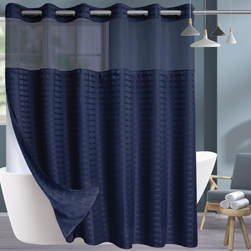 Extra Wide No Hook Shower Curtain with Snap in Liner Set, 108" x 74" Hotel Luxury Navy Blue Shower Curtains for Bathroom with See Through Top Window, Waterproof, Washable 108W x 74H